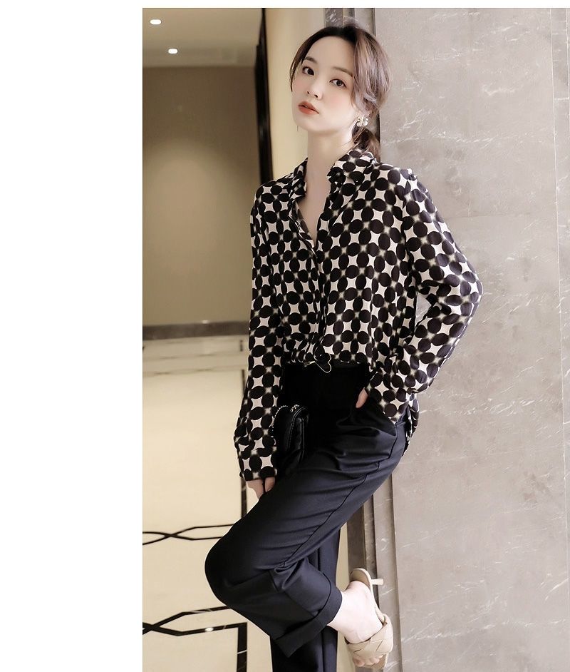 Office Lady Elegant Geometric Print Button Chiffon Shirt Spring Autumn 2022 Polo-Neck Long Sleeve Loose Blouse Women's Clothing