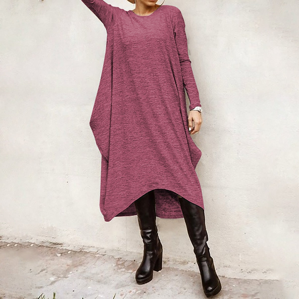 Oshoplive New Autumn 2021 Hot Sale Casual Irregular Vintage Dress Women Simple Solid Color Round-Neck Long Sleeves Midi Dress