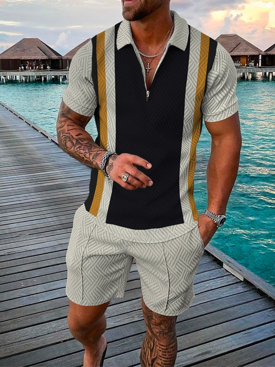 Men's Suit 3D Color Stitching Print Summer Short Sleeve Polo Shirt Shorts Suit Fashion Zipper Polo Shirt Two Piece Set New