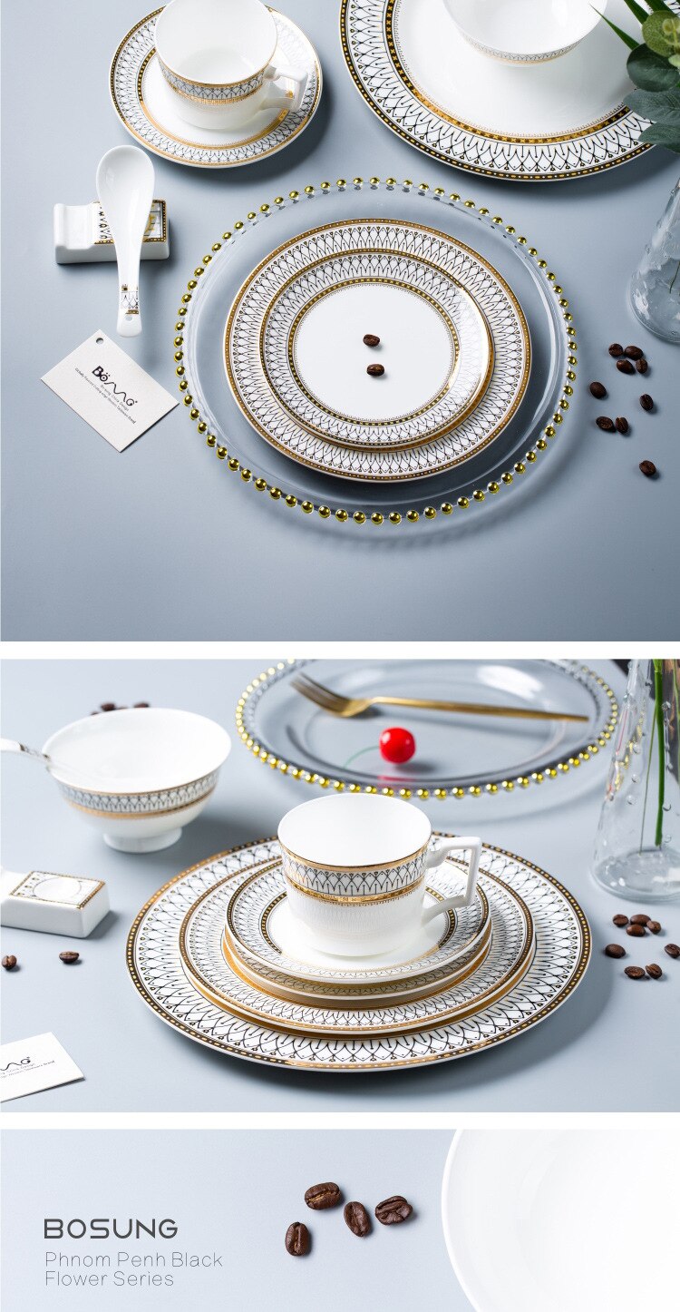 Restaurant Bone Porcelain Western Food Plate Decoration Plate Gold Lace Stamens Tableware Set Steak Plate Flat Bowl Soup Plate