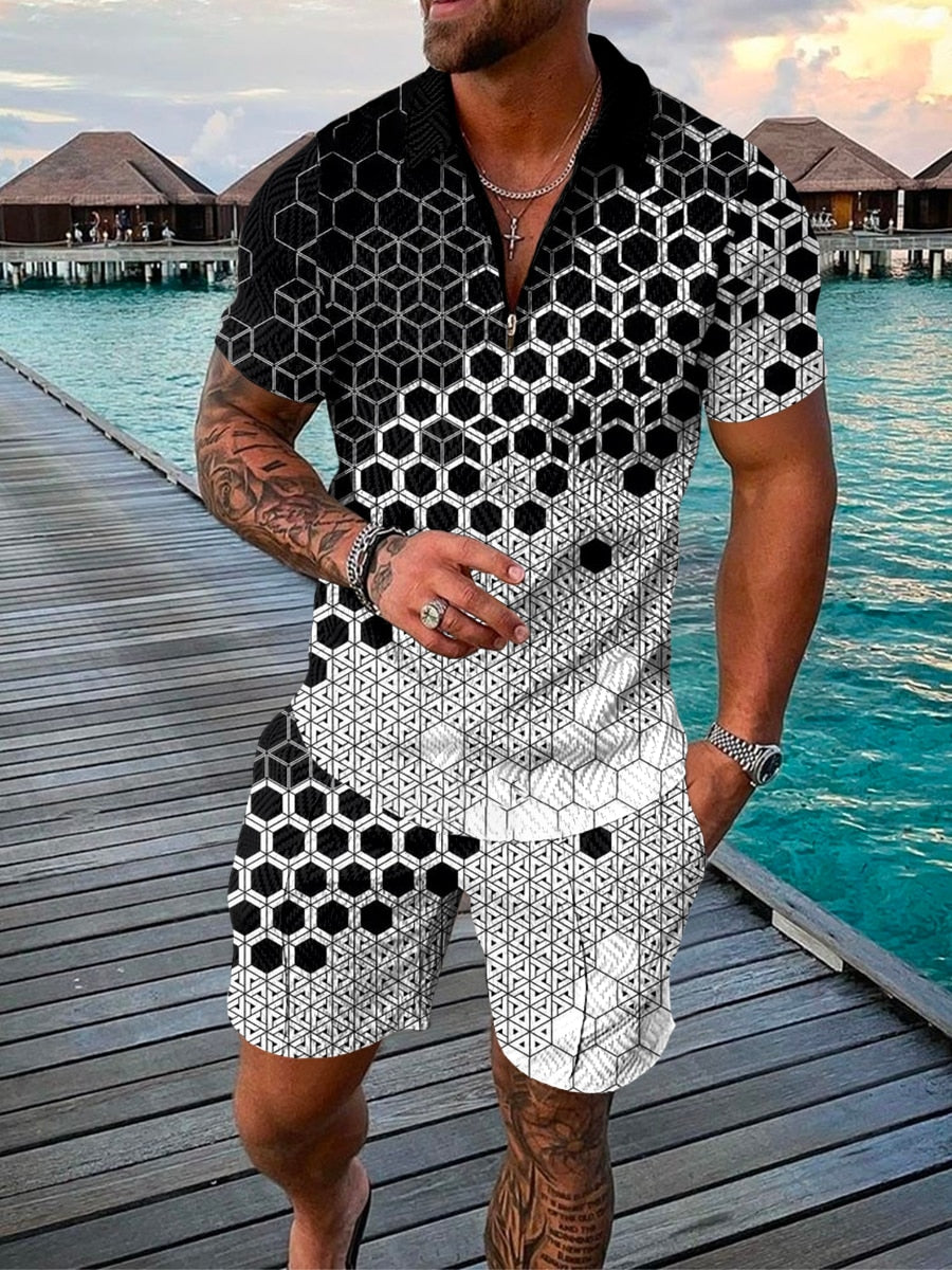 Men's Suit 3D Color Stitching Print Summer Short Sleeve Polo Shirt Shorts Suit Fashion Zipper Polo Shirt Two Piece Set New