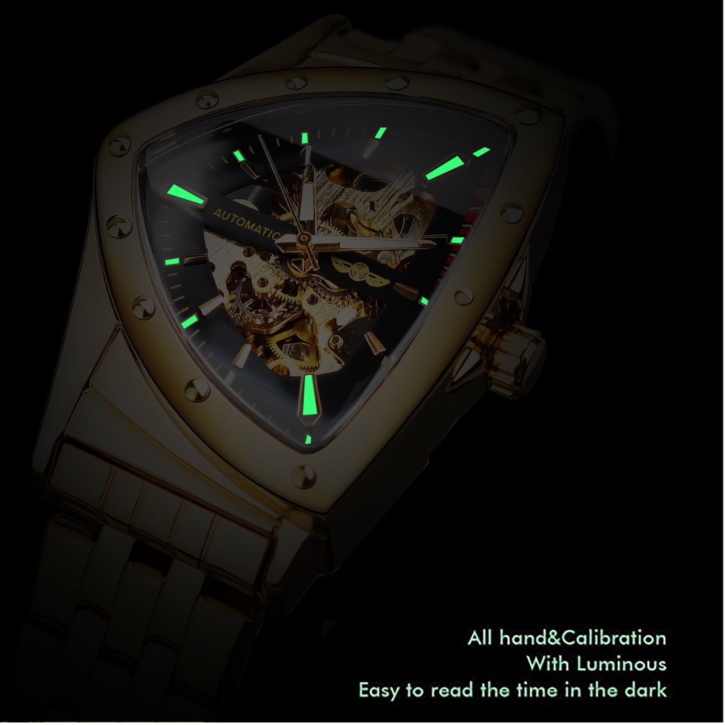 Winner Golden Stainless Steel Watch Steampunk Swiss Design Mens Triangle Skeleton Transparent Automatic Mechanical Male Watches