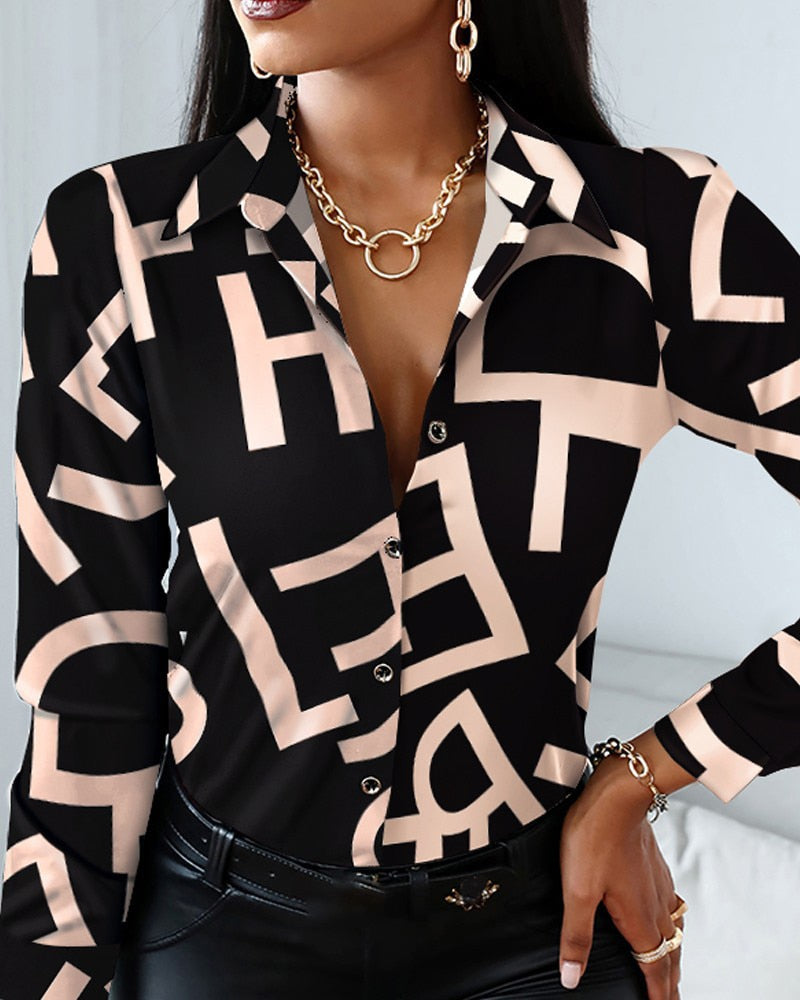 Blouses Woman Casual Office Print Shirts Autumn Fashion Button Long Sleeve White Shirt Elegant Patchwork Slim Tops Women 2022