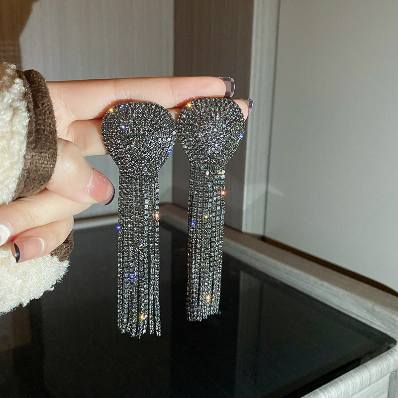 Europe And America New Exaggerated Full Rhinestone Tassel Earrings For Women Party Wedding Statement Jewelry Long Earings Gifts