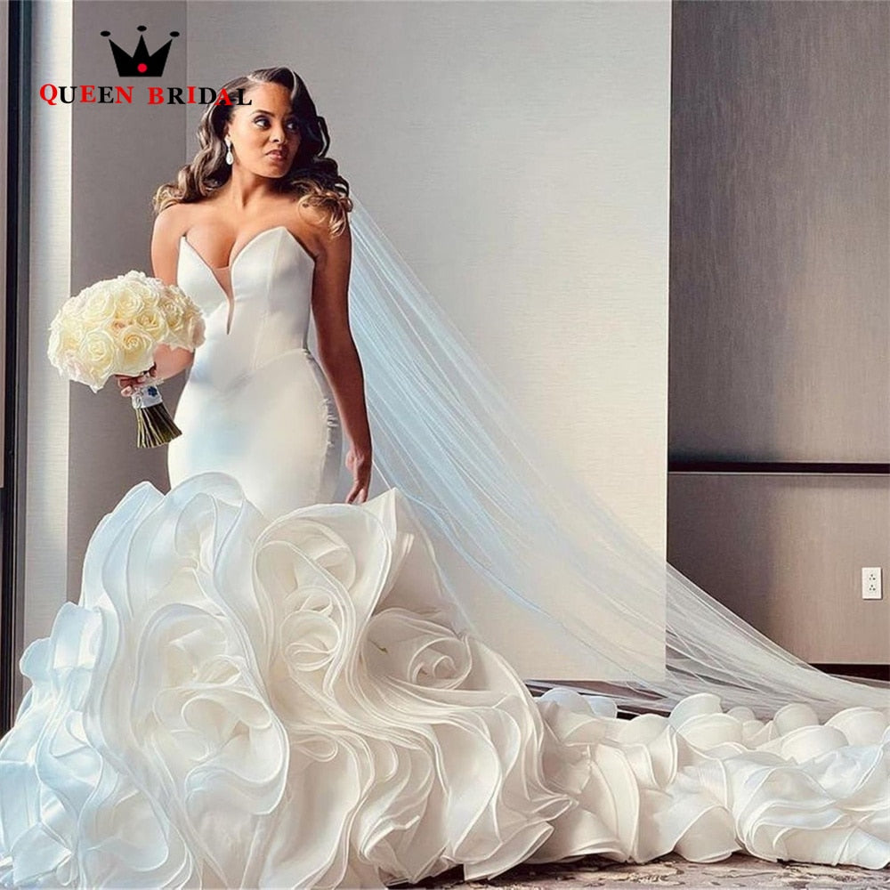 Romantic Mermaid Wedding Dresses Sweetheart Satin Tulle Ruffle Long Train Sexy Bridal Gown 2022 New Design Custom Made