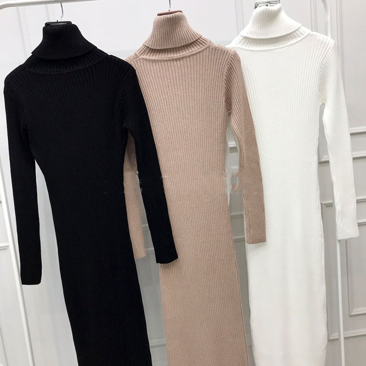 H Han Queen Knitted Bodycon Dress Bottoming Women Soft Elastic Turtleneck Sweater Autumn Winter Midi Party Dresses With Belt