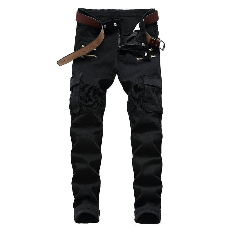 Trade Classic Retro Jeans Men Straight Slim Zipper Decoration Light Fold Skinny Denim Pants Fashion Stretch Hip Hop Jogger Jeans