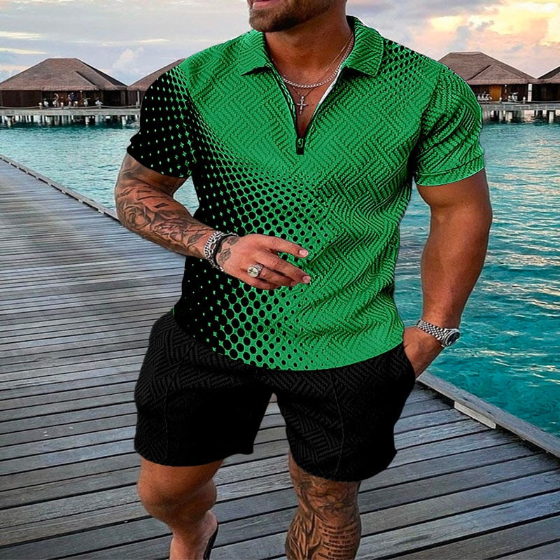 Men's Suit 3D Color Stitching Print Summer Short Sleeve Polo Shirt Shorts Suit Fashion Zipper Polo Shirt Two Piece Set New