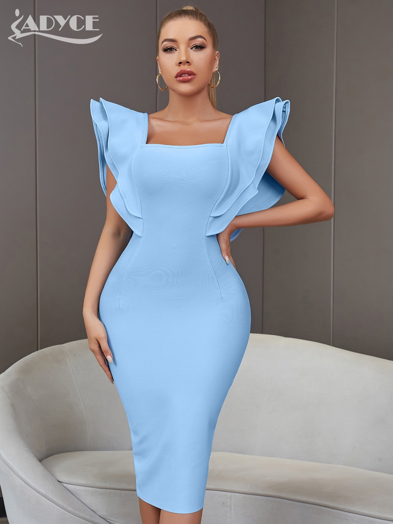 Adyce 2022 New Summer Women Black Bodycon Bandage Dress Sexy Ruffles Butterfly Sleeve Club Celebrity Evening Runway Party Dress