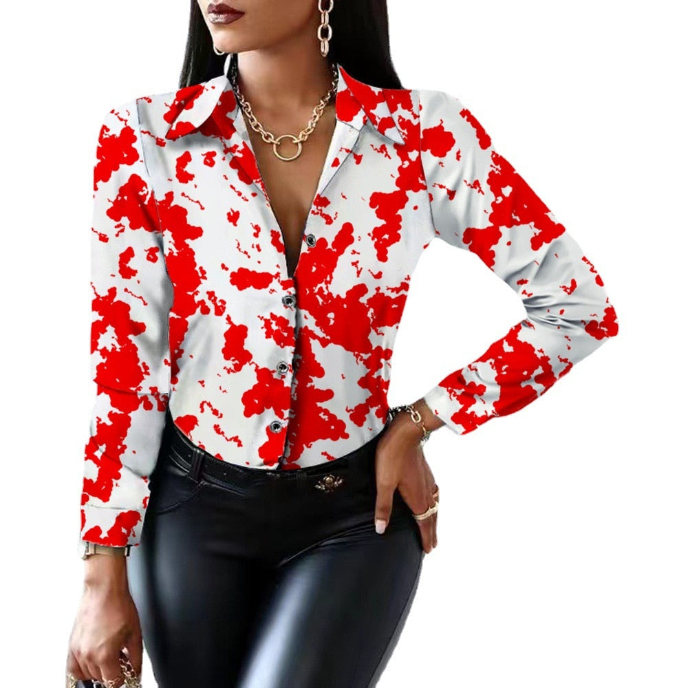 Blouses Woman Casual Office Print Shirts Autumn Fashion Button Long Sleeve White Shirt Elegant Patchwork Slim Tops Women 2022