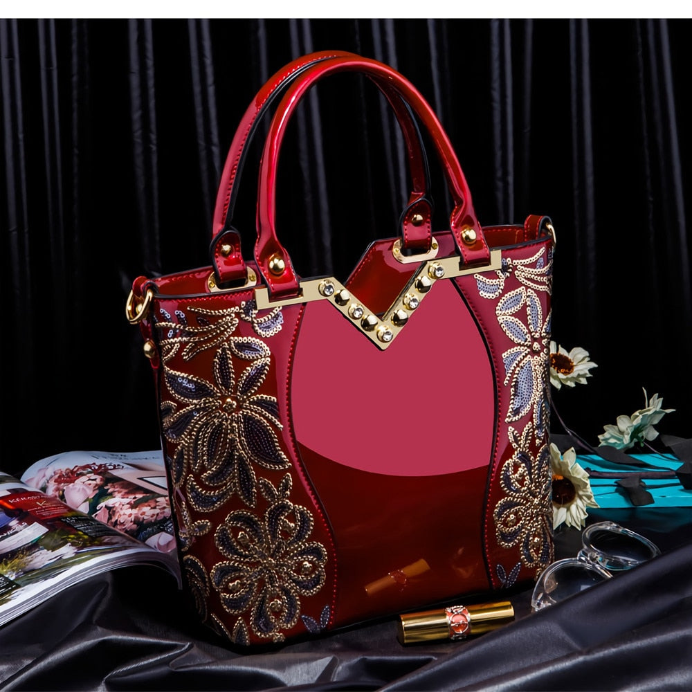 AMELISH Luxury Bag for Women 2022 High Quality Patent Leather Flower Embroidery Diamond Tote Handbag Fashion Female Shoulder Bag