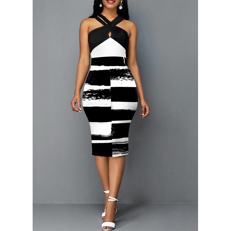 Summer Commute Black White Patchwork Bodycon Dresses For Women 2022 Halter Oversized Midi Vintage Party Tank Sleeveless Dress