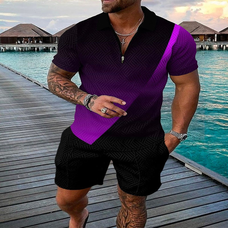 Men's Suit 3D Color Stitching Print Summer Short Sleeve Polo Shirt Shorts Suit Fashion Zipper Polo Shirt Two Piece Set New