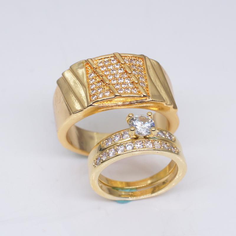 HOYON 18k yellow gold color couple ring set for wedding jewelry Diamond zircon set ring for men and women