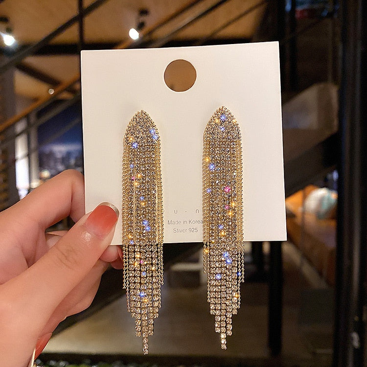 Europe And America New Exaggerated Full Rhinestone Tassel Earrings For Women Party Wedding Statement Jewelry Long Earings Gifts