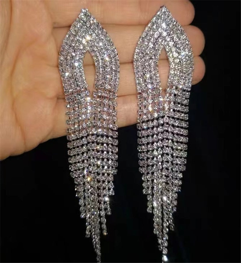 Europe And America New Exaggerated Full Rhinestone Tassel Earrings For Women Party Wedding Statement Jewelry Long Earings Gifts