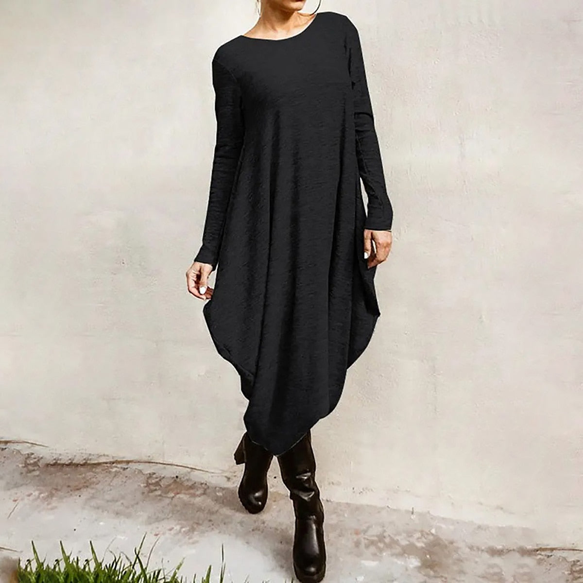 Oshoplive New Autumn 2021 Hot Sale Casual Irregular Vintage Dress Women Simple Solid Color Round-Neck Long Sleeves Midi Dress