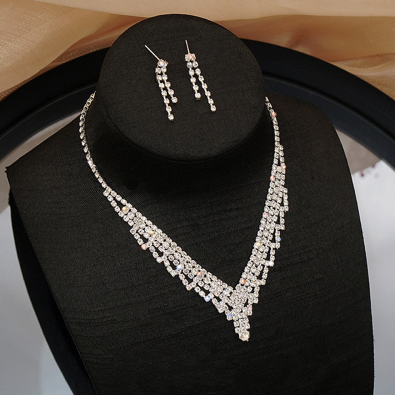 Bride Wedding Dress Necklace Earring Set Simple Full Diamond Super Flash Rhinestone Necklace Jewelry Advanced Accessories