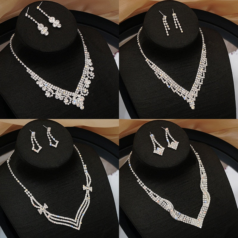 Bride Wedding Dress Necklace Earring Set Simple Full Diamond Super Flash Rhinestone Necklace Jewelry Advanced Accessories