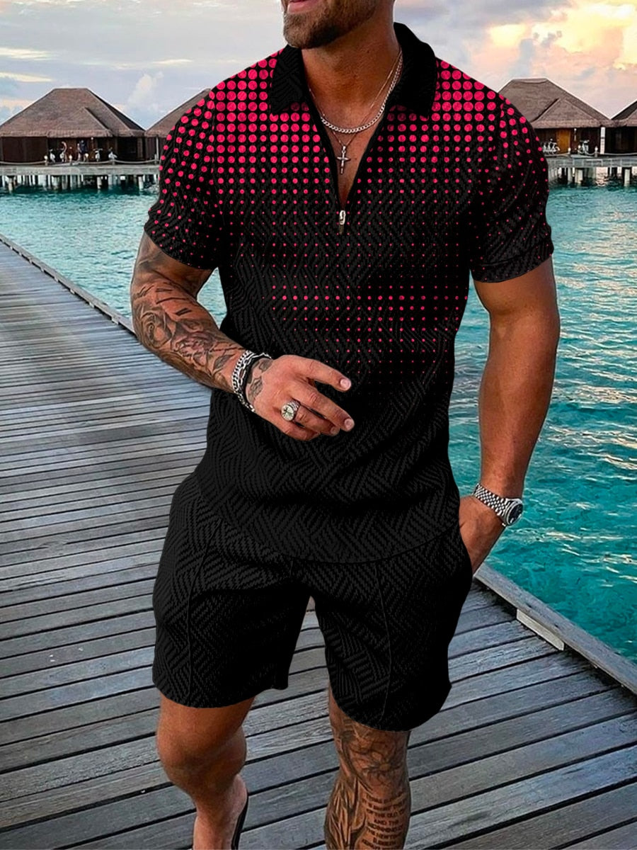 Men's Suit 3D Color Stitching Print Summer Short Sleeve Polo Shirt Shorts Suit Fashion Zipper Polo Shirt Two Piece Set New