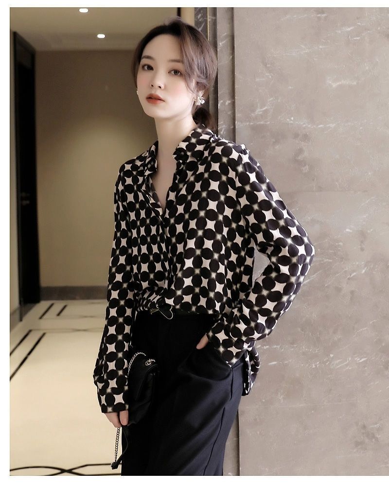 Office Lady Elegant Geometric Print Button Chiffon Shirt Spring Autumn 2022 Polo-Neck Long Sleeve Loose Blouse Women's Clothing