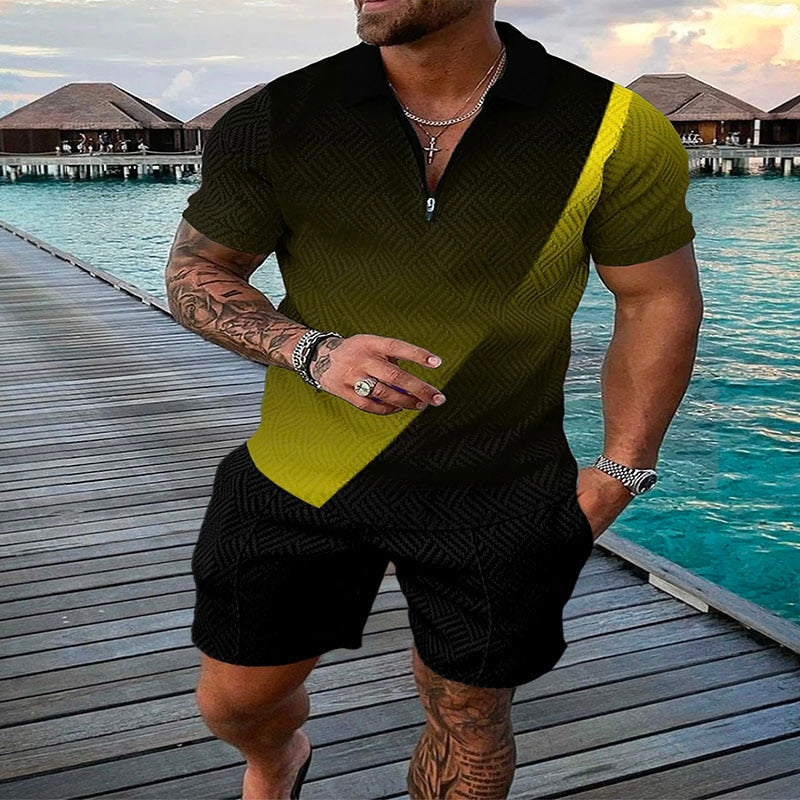 Men's Suit 3D Color Stitching Print Summer Short Sleeve Polo Shirt Shorts Suit Fashion Zipper Polo Shirt Two Piece Set New