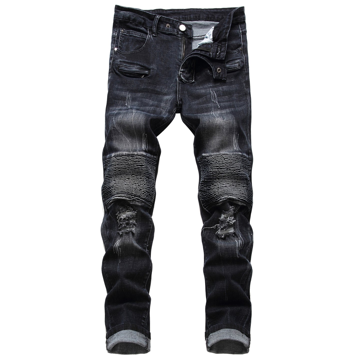 Trade Classic Retro Jeans Men Straight Slim Zipper Decoration Light Fold Skinny Denim Pants Fashion Stretch Hip Hop Jogger Jeans