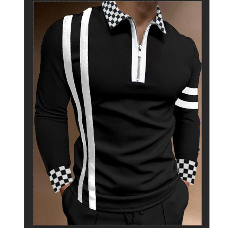 2023 New Trend Men's FashionGrid stripe Lapel Shirt Long Sleeve Men's Stitching Casual Sport T-shirt Tops US S-3XL