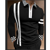 2023 New Trend Men's FashionGrid stripe Lapel Shirt Long Sleeve Men's Stitching Casual Sport T-shirt Tops US S-3XL