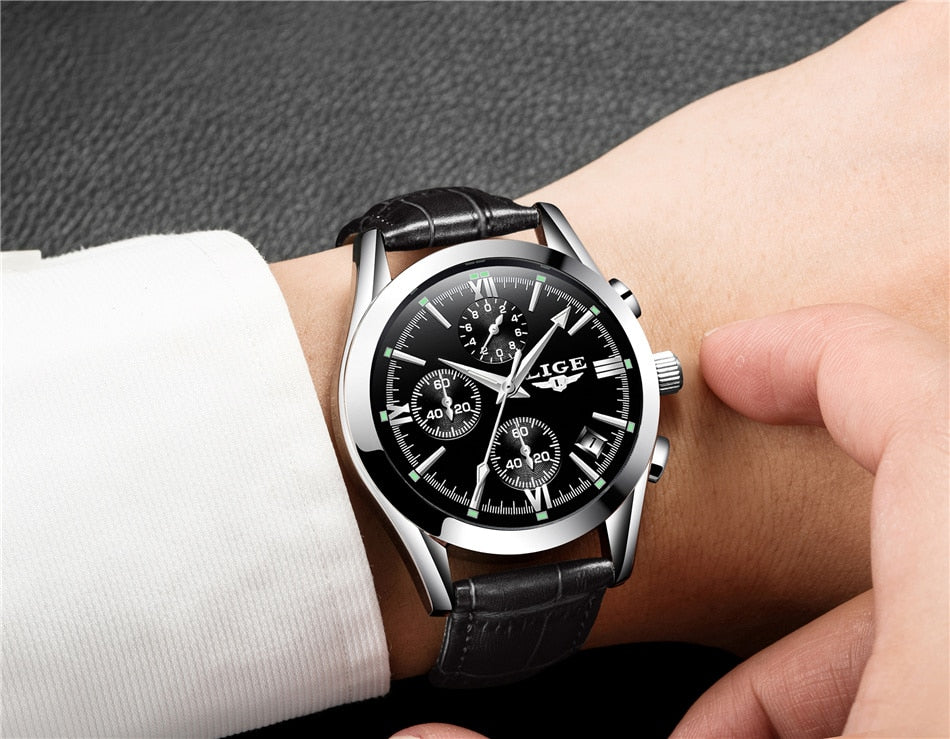 2022 LIGE New Fashion Mens Watches Top Brand Luxury Military Quartz Watch Premium Leather Waterproof Sport Chronograph Watch Men