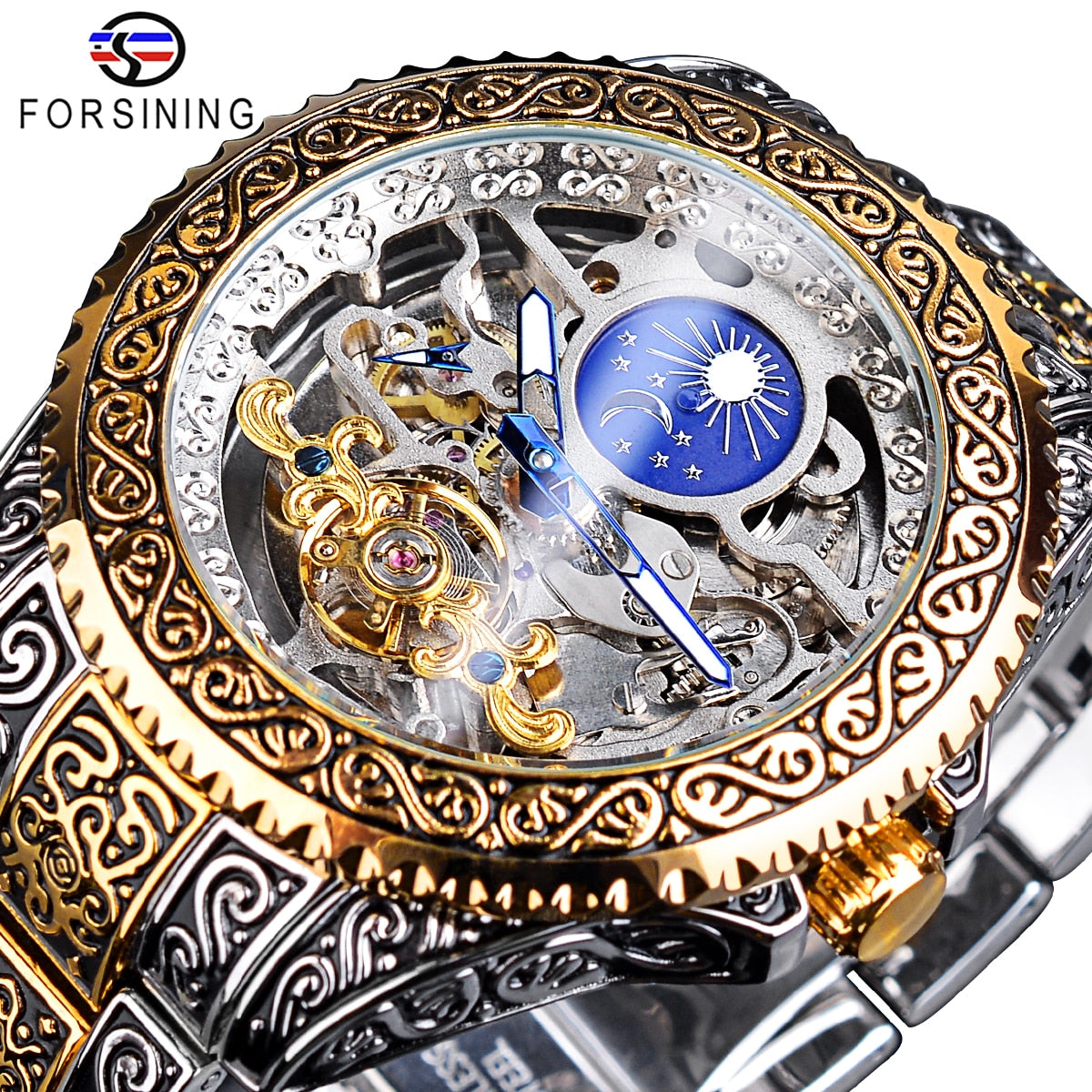 Forsining Mechanical Watch Men Tourbillon Automatic Wristwatch Luxury Hollow Waterproof New Mens Fashion Watches With Moon Pash