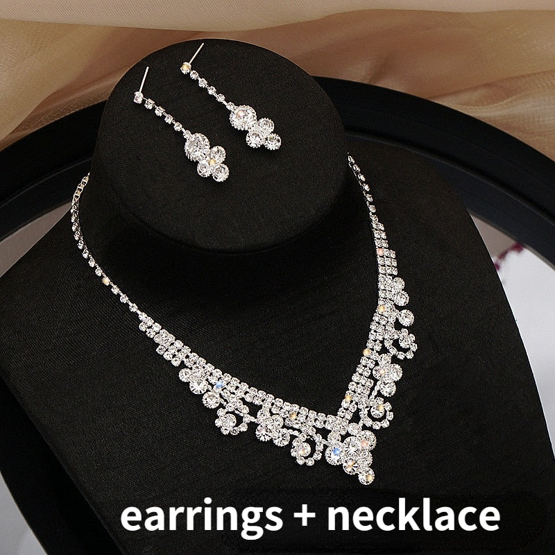 Bride Wedding Dress Necklace Earring Set Simple Full Diamond Super Flash Rhinestone Necklace Jewelry Advanced Accessories