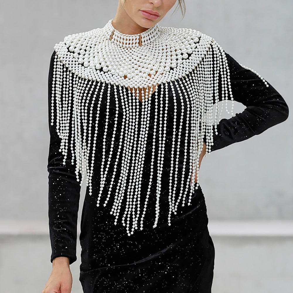 Women Pearl Shawl Necklaces Body Chain Sexy Beaded Collar Shoulder Pearl Bra Top Sweater Chain Wedding Dress Body Jewelry