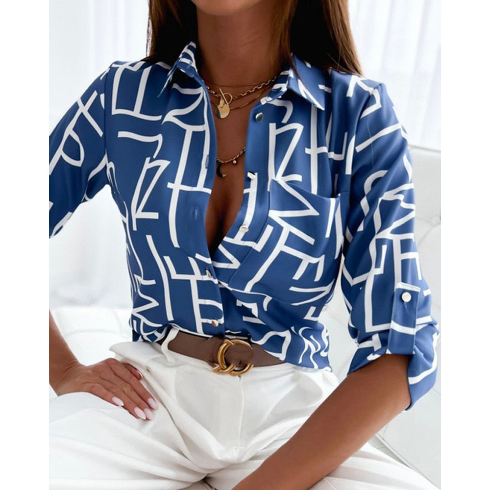 Blouses Woman Casual Office Print Shirts Autumn Fashion Button Long Sleeve White Shirt Elegant Patchwork Slim Tops Women 2022