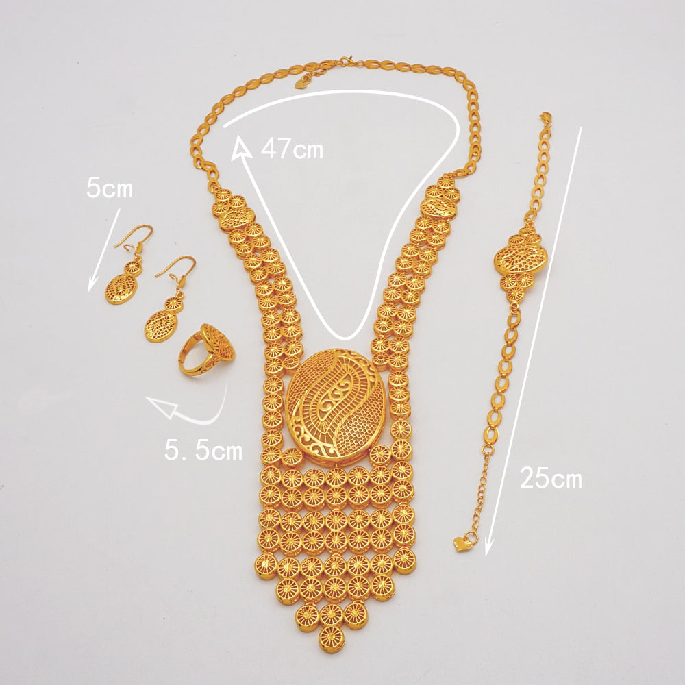 Luxury Dubai Gold Color Jewelry Sets African Bridal Wedding Flower Jewelry Sets Necklace Bracelet Earrings Ring Set Lady Gift