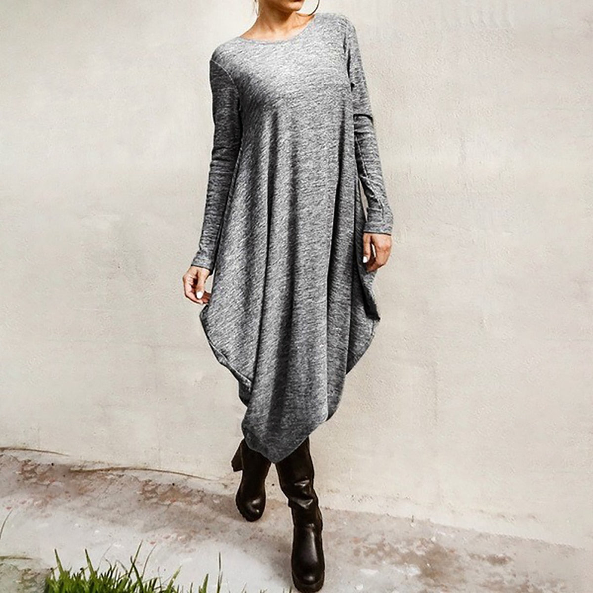 Oshoplive New Autumn 2021 Hot Sale Casual Irregular Vintage Dress Women Simple Solid Color Round-Neck Long Sleeves Midi Dress