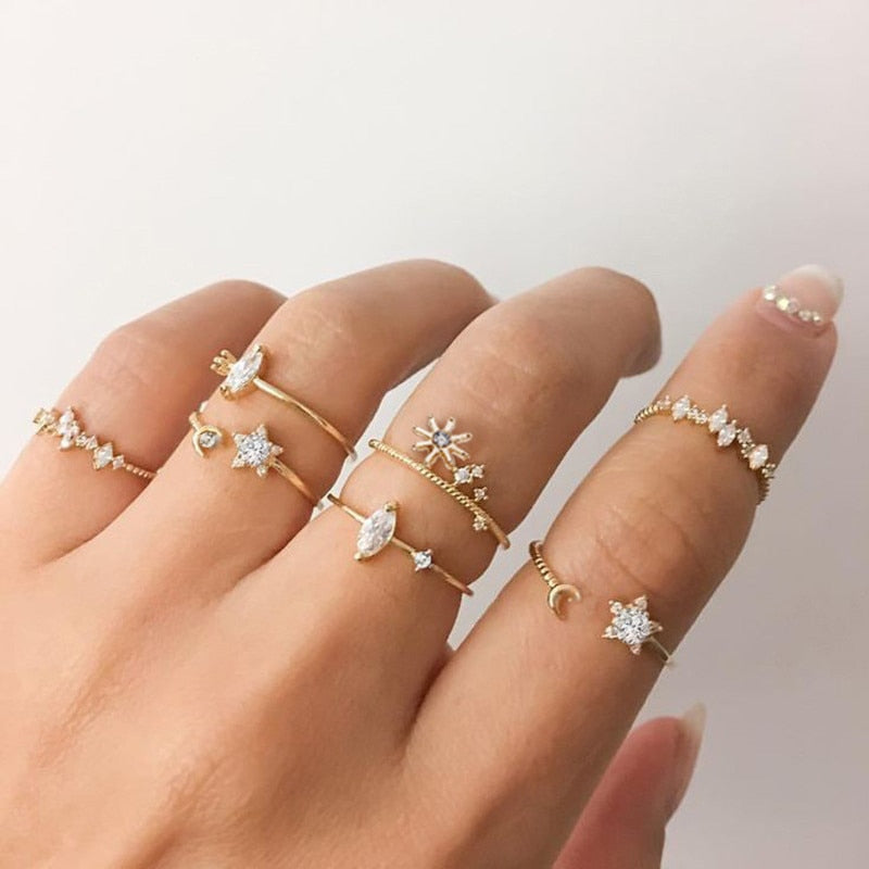 KOTiK Trendy Bohemian Midi Knuckle Ring Set For Women Gold Color Crystal Heart Flower Moon Geometric Finger Rings Jewelry Gifts