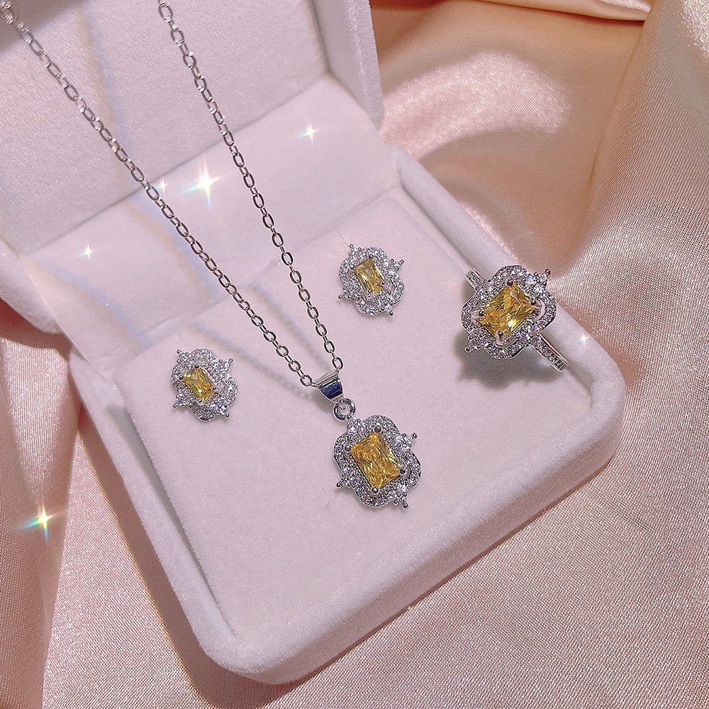 New Crown Square Yellow Diamond Micro Set Diamond Pendant Stud Earrings Necklace Set Ladies Cocktail Party Valentine's Day Gift