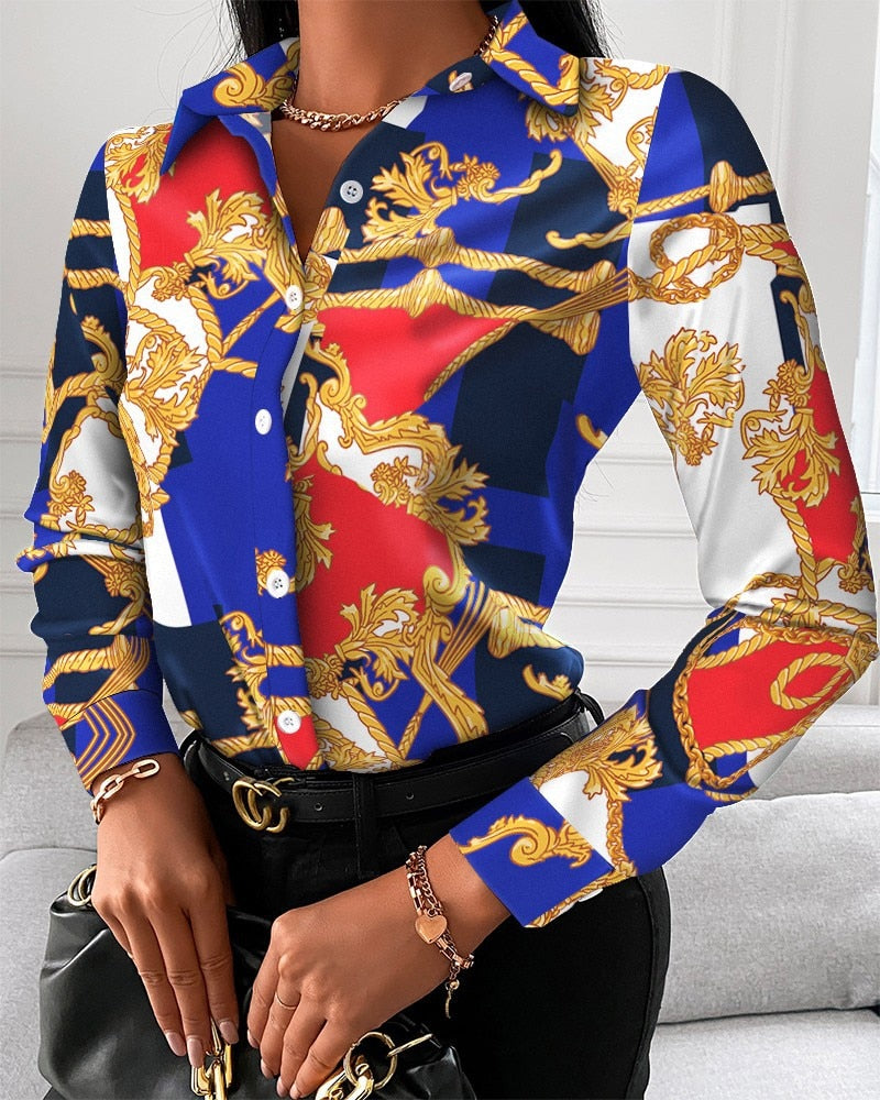 Blouses Woman Casual Office Print Shirts Autumn Fashion Button Long Sleeve White Shirt Elegant Patchwork Slim Tops Women 2022