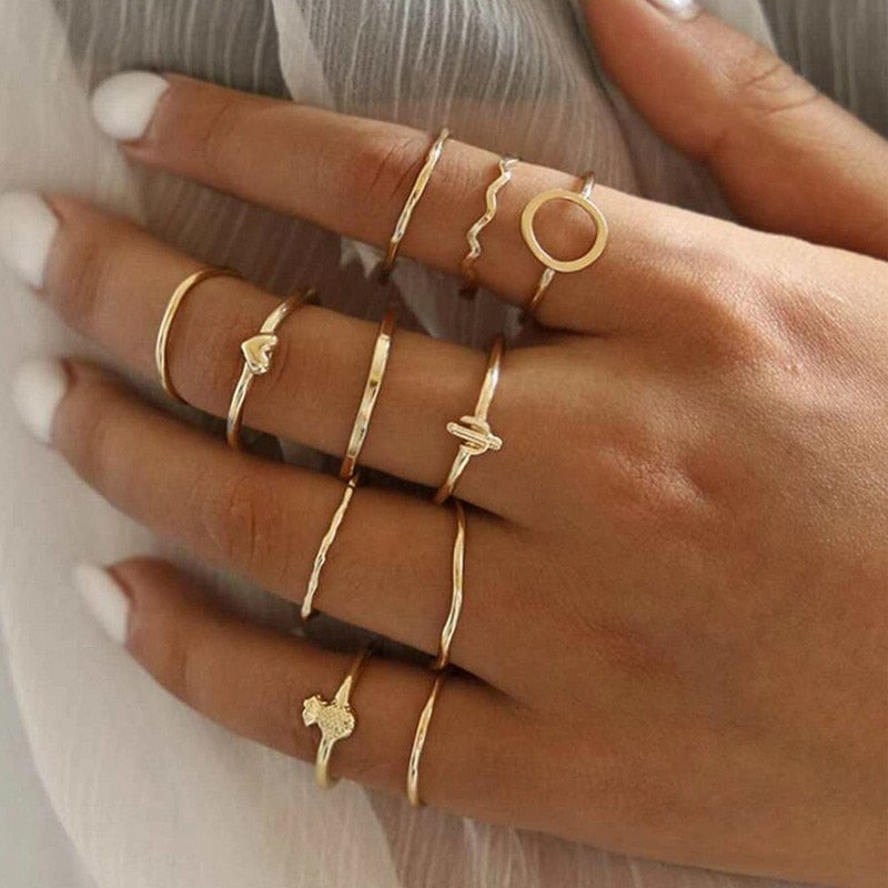 Boho Gold 22pcs Heart Rings Set For Women Vintage Geometric Cross Pearl Butterfly Finger Rings Women's 2022 Trendy Jewelry Gift