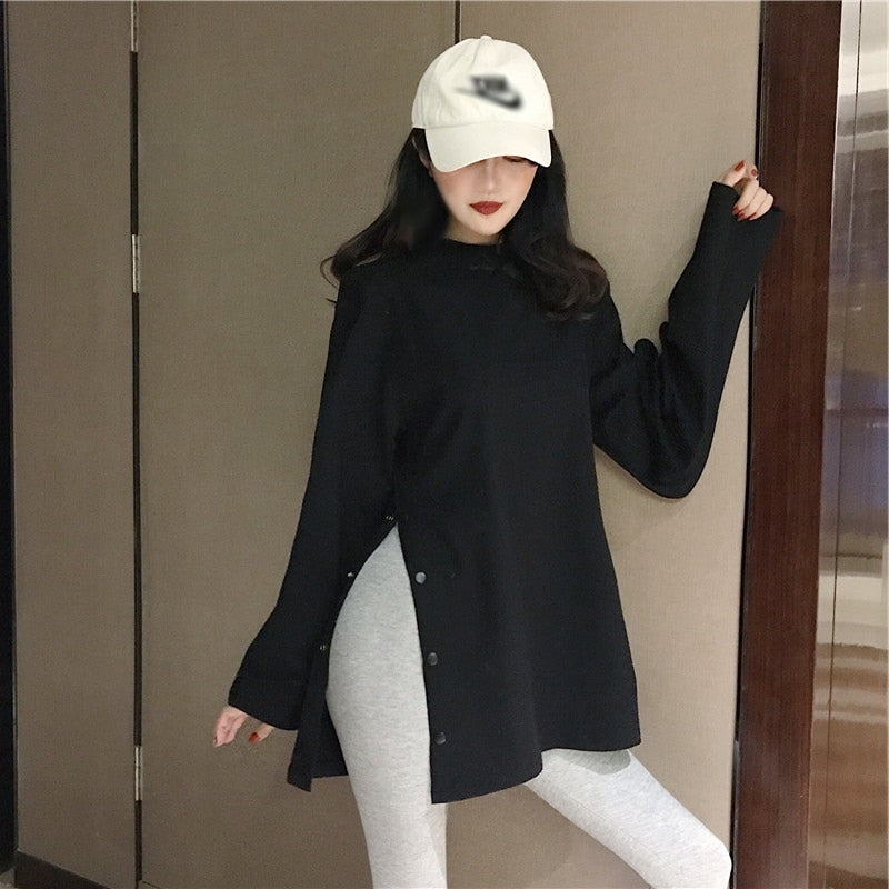 2022 spring Split Side Button White black Long Tshirt O-Neck Women shirts autumn Arrival Harajuku solid oversized T shirt tops