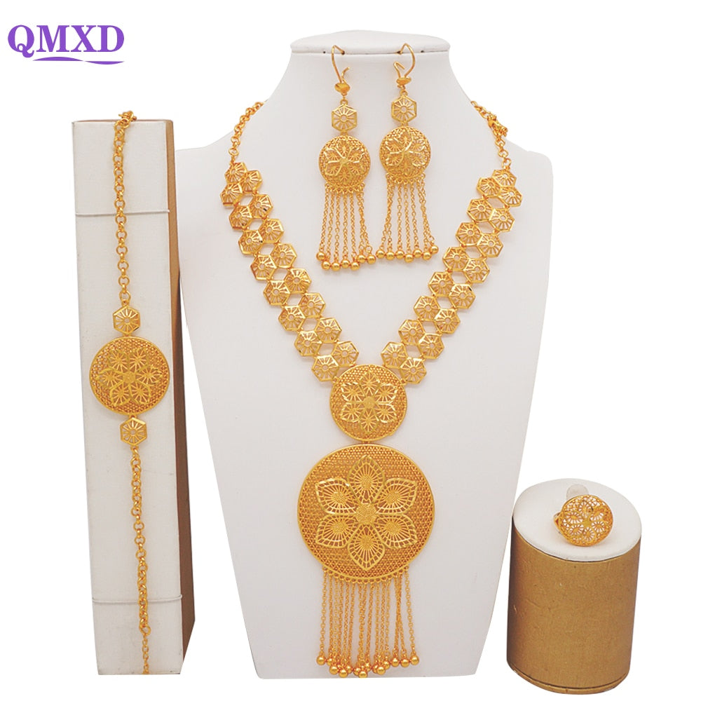 Luxury Dubai Gold Color Jewelry Sets African Bridal Wedding Flower Jewelry Sets Necklace Bracelet Earrings Ring Set Lady Gift