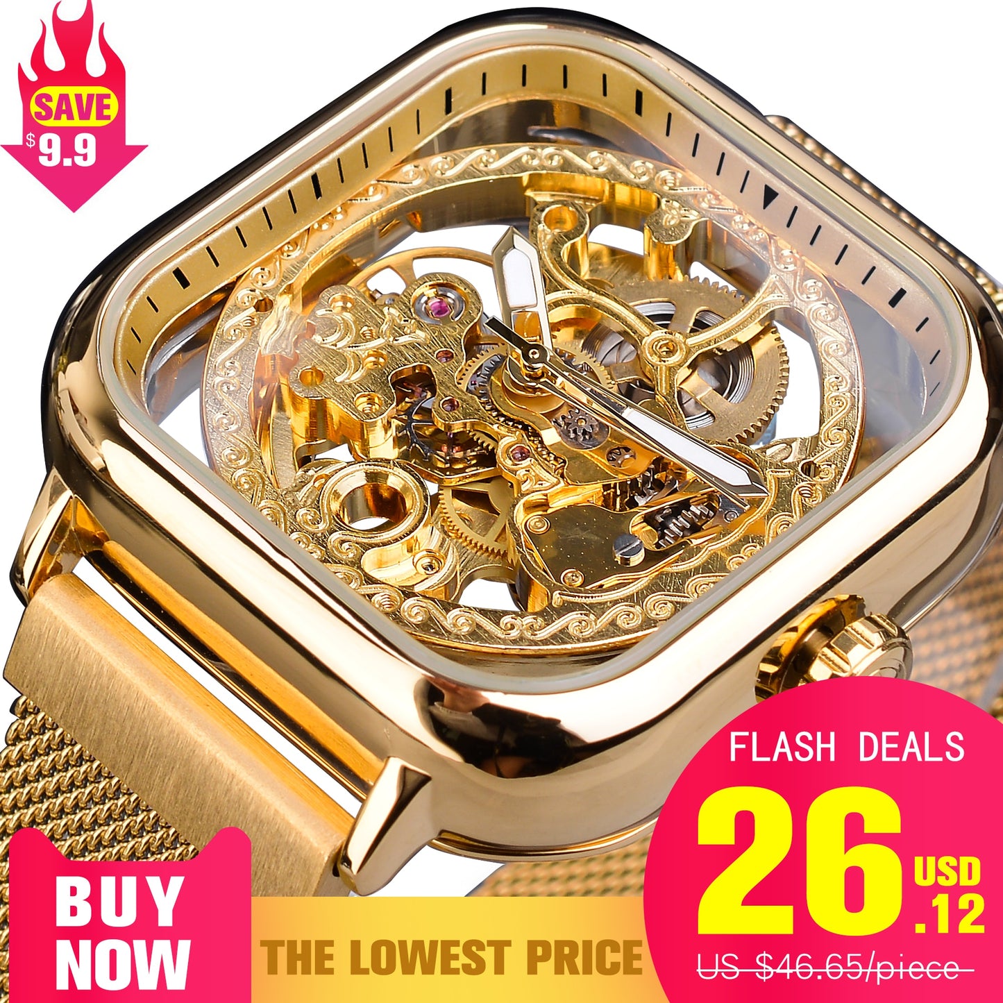 Forsining Golden Men Automatic Watch Square Skeleton Mesh Steel Band Mechanical Business Clock Relogio Masculino Erkek Kol Saati