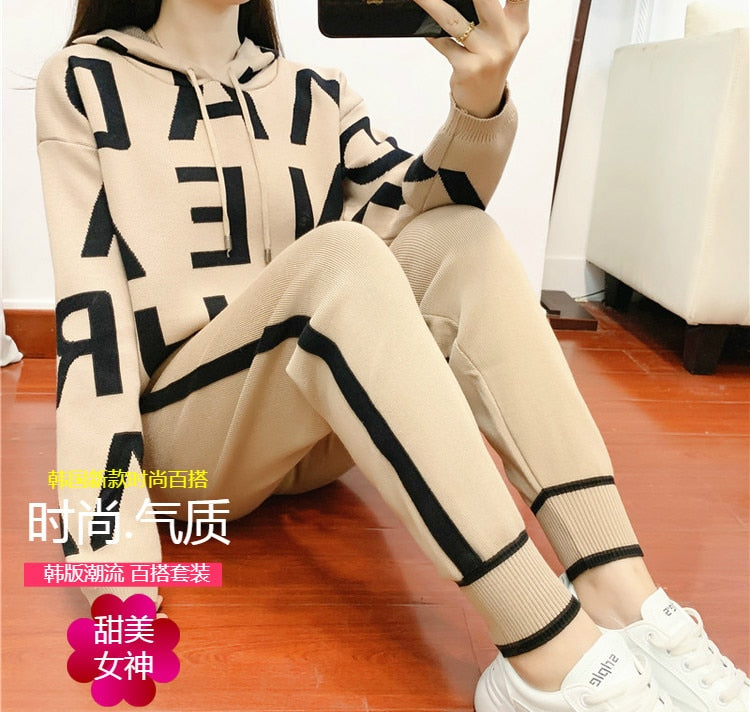 Fashion Autumn Women 2 Pieces Sets Casual Letter Print Patchwork Loose Knitted Sweater Sports Harlan Pants Suits Spring