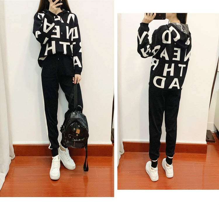 Fashion Autumn Women 2 Pieces Sets Casual Letter Print Patchwork Loose Knitted Sweater Sports Harlan Pants Suits Spring