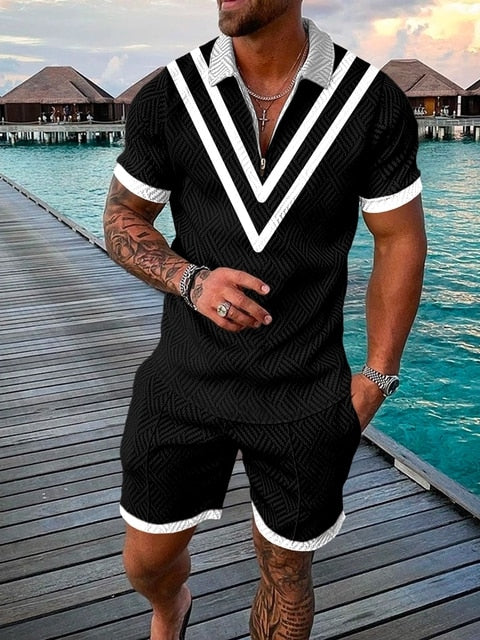 2022 Summer Men's Sportswear Suit Plaid printed short sleeve Zipper Polo Shirt Suit Vacation suit 2 pieces