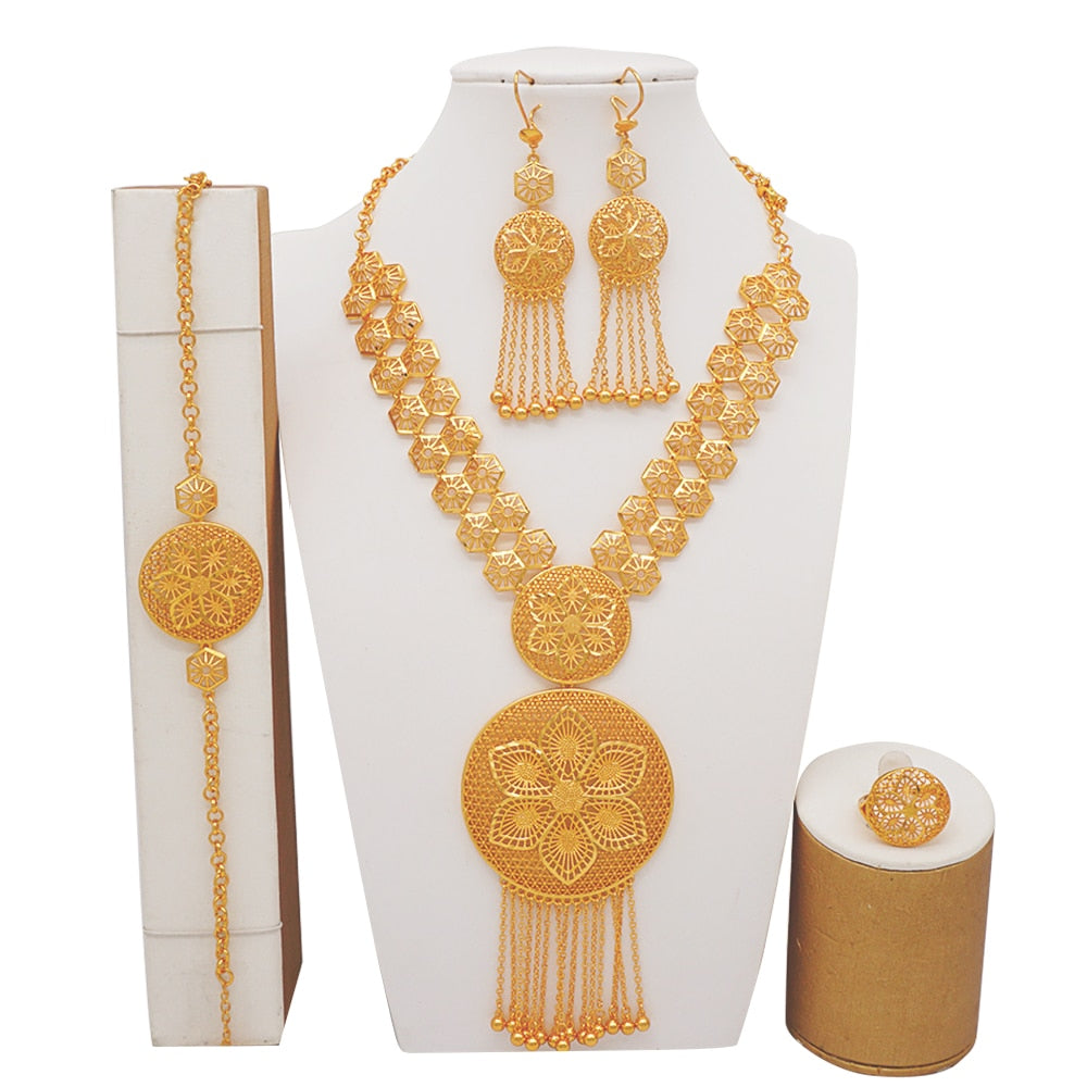 Luxury Dubai Gold Color Jewelry Sets African Bridal Wedding Flower Jewelry Sets Necklace Bracelet Earrings Ring Set Lady Gift