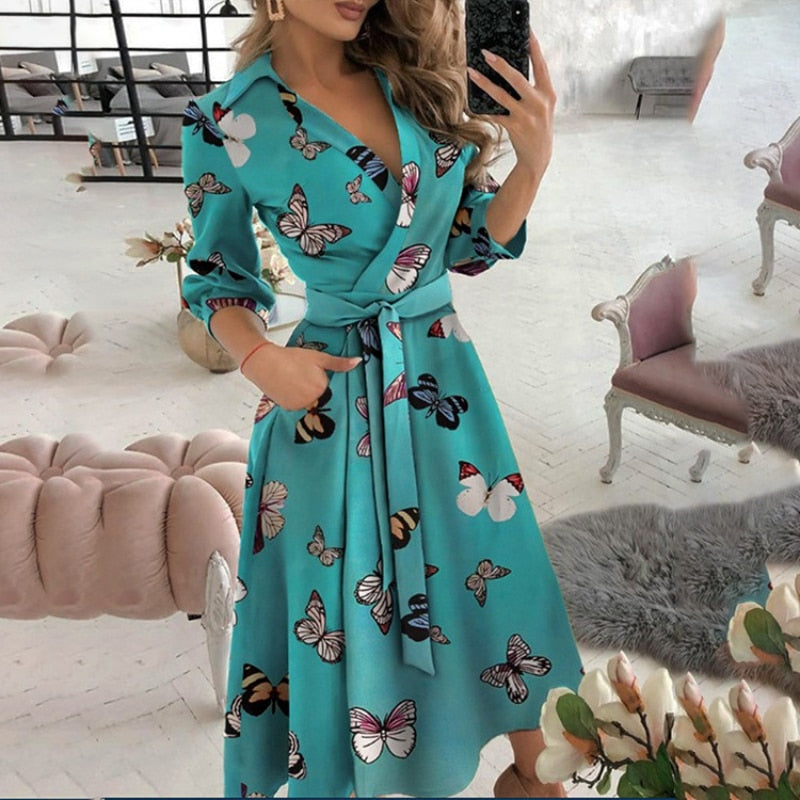 Elegant Floral Print A-line Midi Dress Women Turn-down Collar Belt Pleated Casual Dress Office Ladies Chic Autumn Vestidos 2022