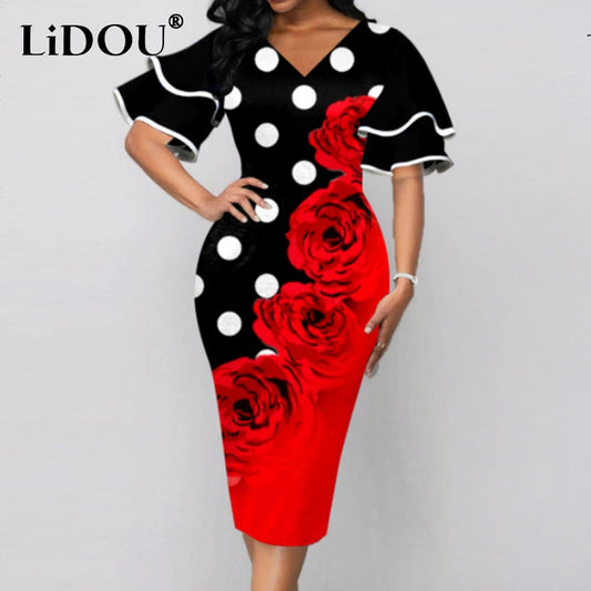 2022 Summer Elegant Fashion Oversized Vintage Print V-neck Double Layer Flare Sleeve Pencil Dress Women Party Bodycon Dresses