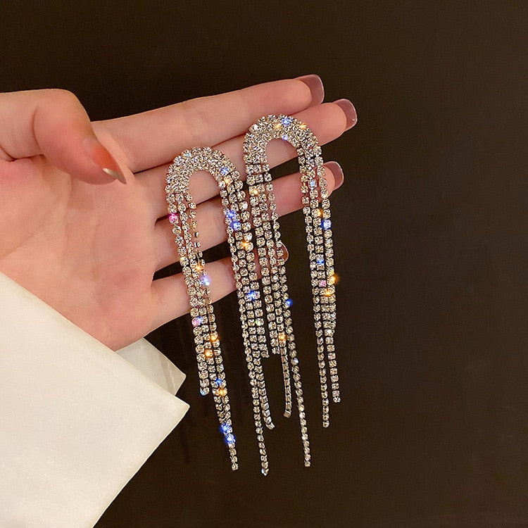 Europe And America New Exaggerated Full Rhinestone Tassel Earrings For Women Party Wedding Statement Jewelry Long Earings Gifts